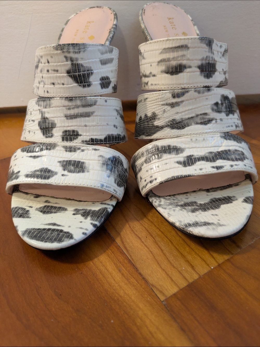 kate spade White & Black Snakeskin Mule Sandals